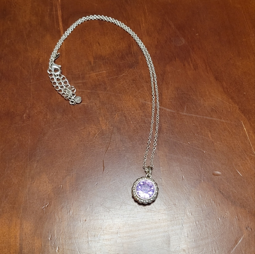 Vintage SAQ necklace in Silverstone with purple gemstone pendant.